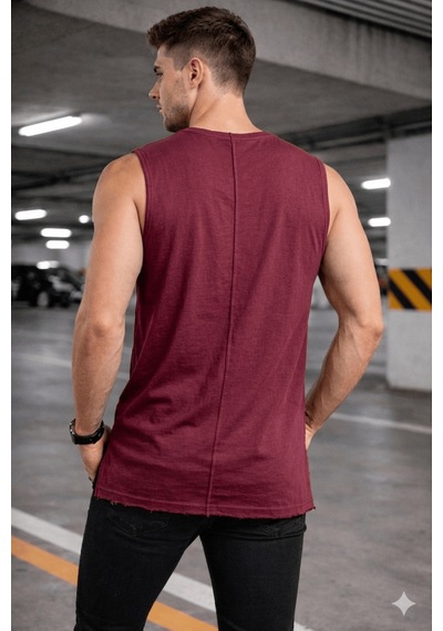 Cool Tarz Erkek Kolsuz Regular Fit Basic Atlet Yan Yırtmaçlı Pis Yaka Tişört Bordo Bordo