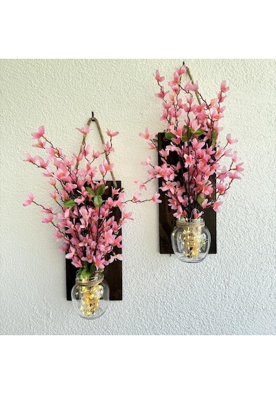 Led Işıklı, Pembe Sakura Çiçekli Duvar Dekoru Ceviz İkili Set