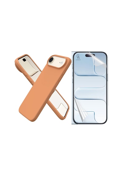 Apple Uyumlu iPhone 17 Air Içi Kadife Lansman Kılıf Ve Seramik Tam Kaplayan Cam Ekran Koruyucu Turuncu