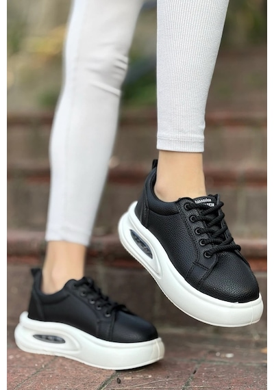 Günlük Kadın Sneaker Örgü Bağcıklı Hafif Kalın Yüksek Balon Taban Yürüyüş Spor Ayakkabı 5750 Siyah - Beyaz