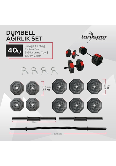Tan Spor 40 KG Dambıl Ağırlık Halter  Kısa Bar ve Z Bar Seti