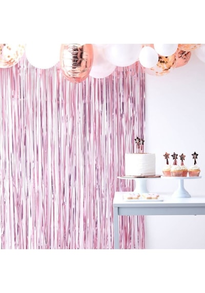 Metalize Arka Fon Perde Pembe Renk 90 CM 200 CM İki Tarafı