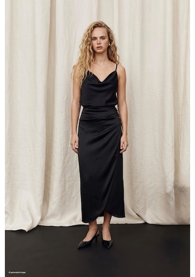 Sateen Düğme Detaylı Saten Etek - Siyah-138054