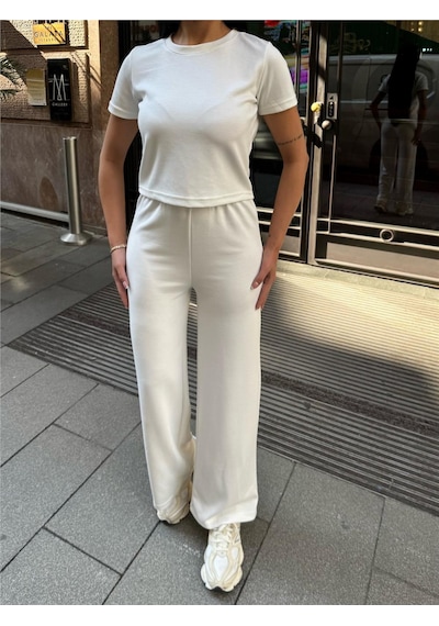 WeShaya Beyaz Palazzo Modal Polyester Keten Takım Beyaz