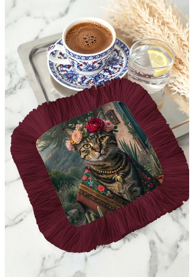 Bohem Sanatsal Kedi Püsküllü Servis Altlığı Mendil - Vintage Çiçekli Rustik Bordo Sunumluk Peçete Çok Renkli