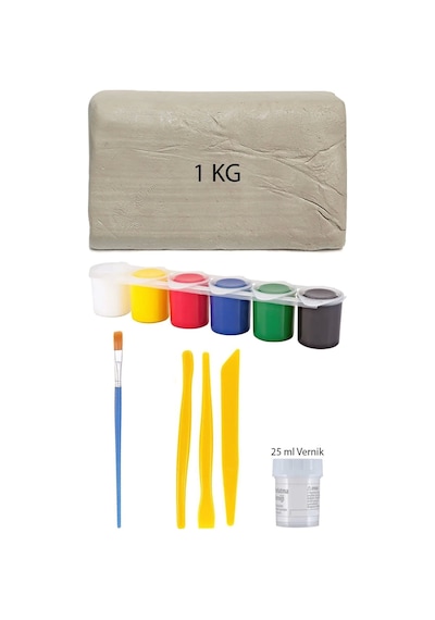 Beyaz Seramik Hamuru 1 Kg Kil Plastik Ebeşuar Seti 6x15 Ml Akrilik Set 25 Ml Partlatma Verniği
