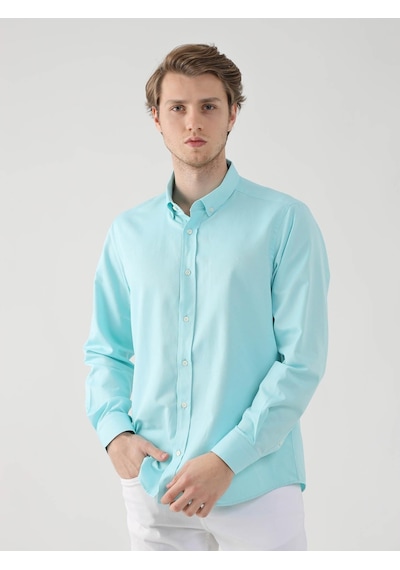 Dufy Mint Yeşili Erkek Slim Fit Brent Düğmeli Yaka Uzun Kol Gömlek - 92093 Mint
