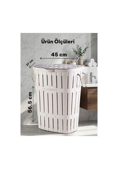 65 Litre Bambu Dokulu Kapaklı Kirli Çamaşır Sepeti Ve 3'lü Mikrofiber Temizlik Bezi Seti Beyaz - 892391513 Beyaz