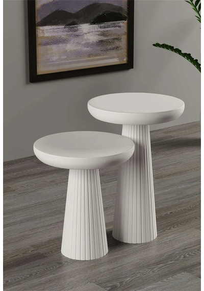 Wood Wooden Ahşap 2 Li Set Fitilli Mantar Beyaz Yan Sehpa Modern Fiskos / Çiçeklik / Zigon Beyaz