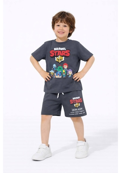 Miniko Kids Erkek Çocuk Brawl Stars Modelli Pamuk Şortlu Takım Füme