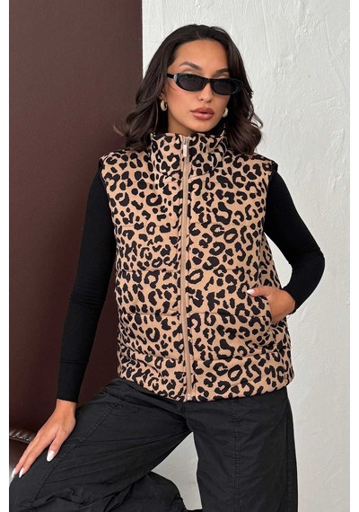Verymoda Leopar Desenli Kapitone Yelek Vmf1785 Vizon Siyah