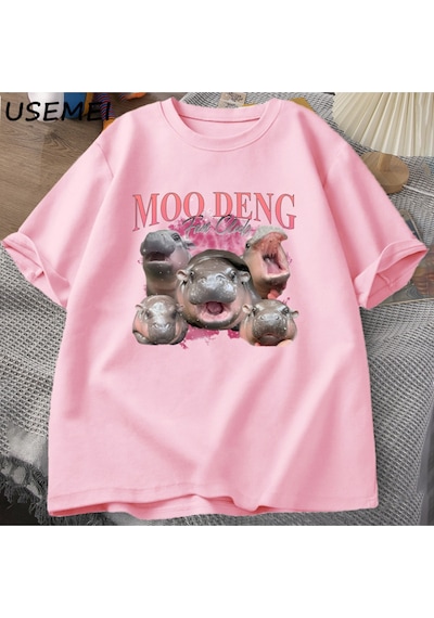 Flood Of Style Moo Deng Fan Kulübü T Shirt Erkekler Komik Pamuk Tayland Kısa Kollu T-shirt Erkek Tasarımcı K Pembe
