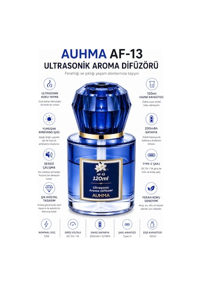 Auhma Af-13 120ml Şarjlı Ultrasonik Araç Koku Difüzörü Mavi Ambiyans Işıklı Forest Esans Aroma Yayıcı