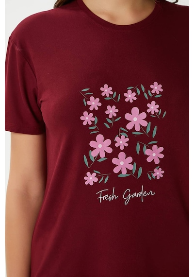 Ritnice Kadın Garden Yumuşak Doku Bordo Çiçek Desen Bisiklet Yaka Kısa Kollu Alt Üst Pijama Takımı