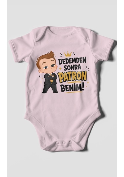 Morivokids Dedemden Sonra Patron Benim Kısa Kollu Bebek Body %100 Pamuk Bebe Pembe