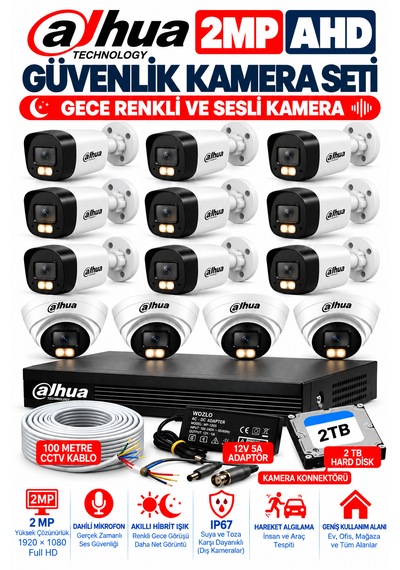 13'lü 2mp Ahd Full Color Renkli Gece Görüş Sesli Kamera Seti 9 Dış - 4 İç Mekan Kamera