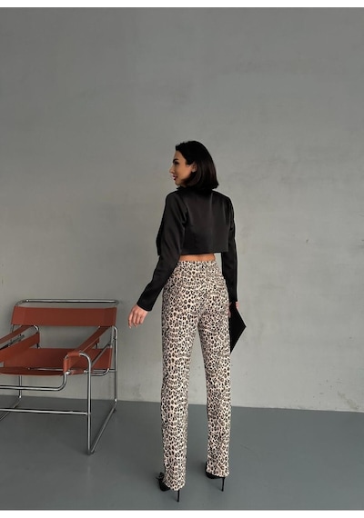 Leopar Desenli Straıght Boru Paça Likralı Pantolon Bej