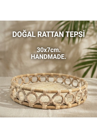 Doğal Rattan Tepsi , %100 El Yapımı Tepsi, Sunum Tepsisi , Yuvarlak Tepsi 30 X 7cm Bh24541 Rattan