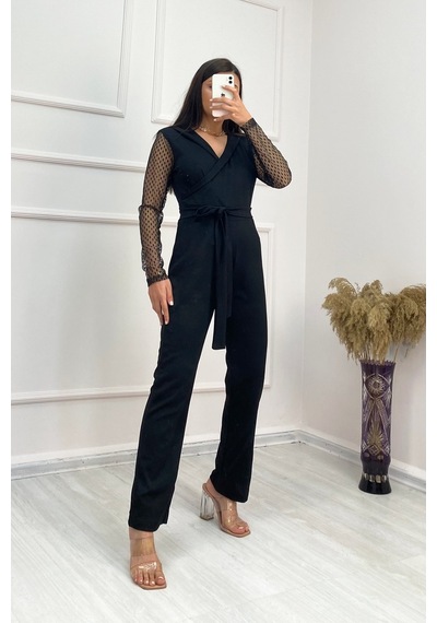 Laraa Giyim - Krep Kumaş Kol Tül Puan Detaylı Kuşaklı Tulum 141 CM - 47498 001
