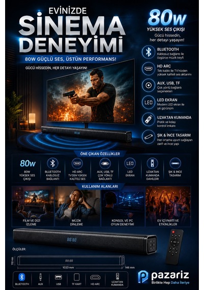 Soundbar Kablosuz Ev Sinema Sistemi Stereo Hd Ses Kalitesi 80w Led Ekranlı Tv005