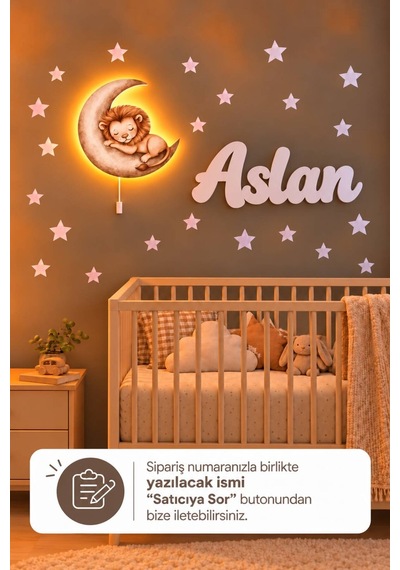 Ahşap Aylı Aslan Lamba & Işıksız İsimlik Seti İsimli Bebek Ve Çocuk Odası Dekoru Kahverengi