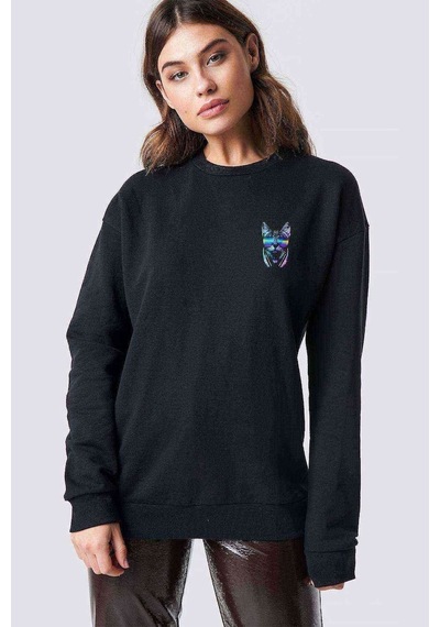 Güneş Gözlüğü Ve Kulaklıklı Kedi Baskılı Siyah Kadın Sweashirt