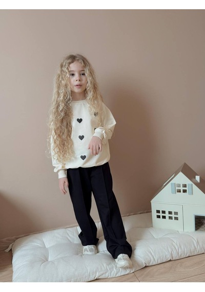 Miniko Kids Kız Çocuk Kalp Modelli Geniş Paça Pamuk Takım Siyah
