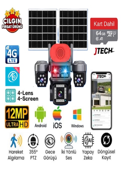 O-kam Ok-337 Premium 4g 12mp Sim Kartlı 2xsolar Panelli Çakarlı 4 Kameralı 1 Ptz Akıllı Kamera + 64gb Sd Kart
