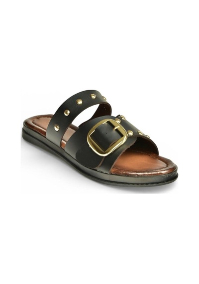 Fox Shoes Y390450703 Siyah Hakiki Deri Zımba Detaylı Kadın Terlik Siyah