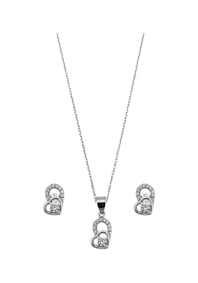 Oya Silver Zirkon Taşlı Çift Kalp Kadın Gümüş Set Takım Oyss045