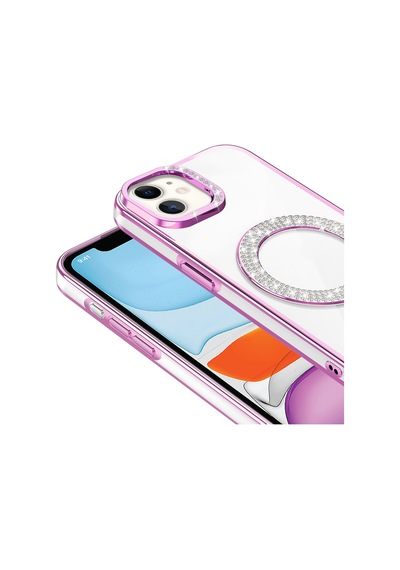 Apple Uyumlu iPhone 11 Kılıf Pırlanta Taş Tasarımlı M-safe Şarj Özellikli Karetta Silikon Kılıf Rose Gold