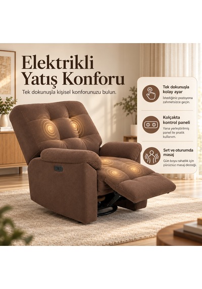 Smarto Relax Porto Masajlı Elektrikli Döner Sallanan Tv Koltuğu Kontrol Panelli Ergonomik Polyester Baba Koltuğu Kahverengi Smarto Relax Porto Masajlı Elektrikli Döner Sallanan Tv Koltuğu Kontrol Panelli Ergonomik Polyester Baba Koltuğu Kahverengi