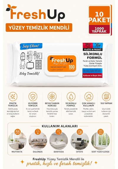 Freshup Yüzey Temizlik Mendili 10 Adet 100'lü 1000 Yaprak Beyaz