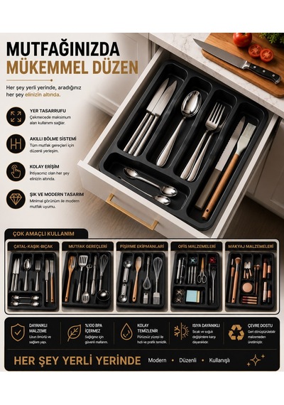 6 Bölmeli Çekmece İçi Kaşıklık, Plastik Çatal Bıçak Organizeri, Mutfak Düzenleyici Gri S-11003
