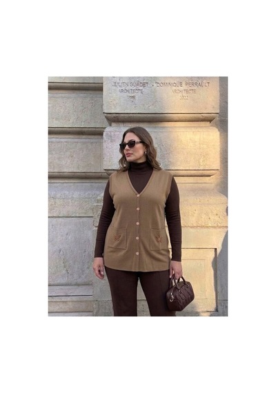 Onno Style Women Cebi Kelebek Taşlı Çelik Örgü Klasik Triko Yelek Bej