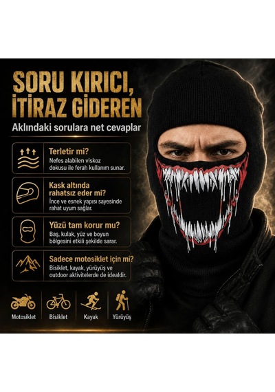 Womanandkids Wak Unisex Canavar Diş Baskılı Balaklava 1 Adet Tek Beden Viskoz Kask İçi Motosiklet Maskesi Siyah