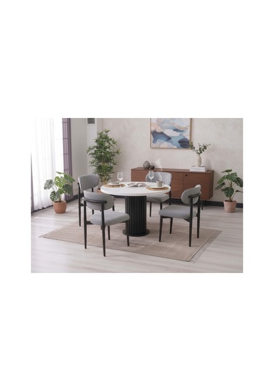 Lina Bohem 90x90 Beyaz/siyah Yuvarlak Masa & 4 Polo Sandalye Seti Gri Gri