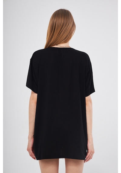 Thiff Gymwear Siyah Baskısız Düz Bisiklet Yaka Kadın Oversize T-shirt SIYAH