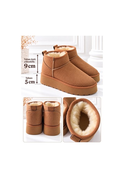Dabab Shoes Kardelen Kadın Taba Lüks Süet İçi Kürklü Sıcak Astarlı 5 Cm Kalın Tabanlı Kısa Bot Kar Botu