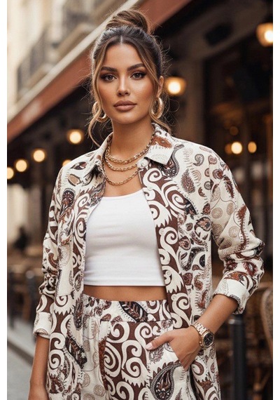 Asprin Fashion Etnik Desen Baskılı Keten Takım Kahverengi