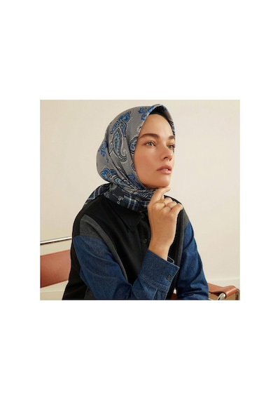 İpek Evi İpekevi Twill İpek Eşarp - Patchwork Desenli - Gümüş
