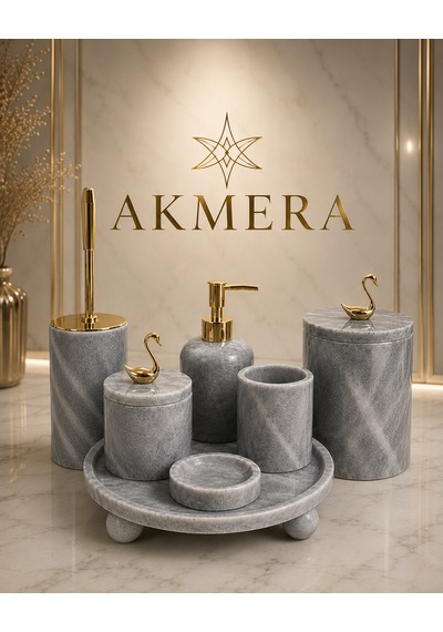 Lüks Gri Mermer Top Ayaklı 7 Parça Banyo Seti Gri 2