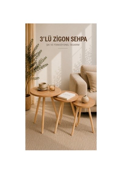 Zigon Sehpa Atlantik Çam 3'lü Ahşap Ayaklı Yuvarlak Modern Yan Sehpa Seti Atlantik Çam Atlantik Çam