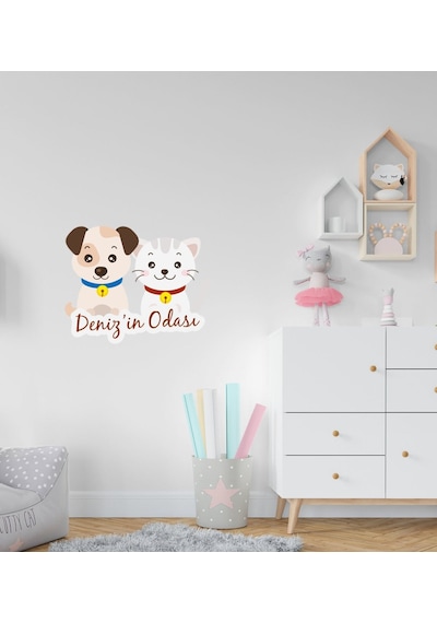 Kişiye Özel Sevimli Kedi ve Köpek Tasarımlı Çocuk Odası Duvar Sti N11.16