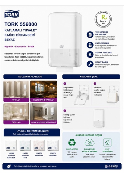 Tork 556000 Katlamalı Tuvalet Kağıdı Dispanseri Beyaz Çok Renkli