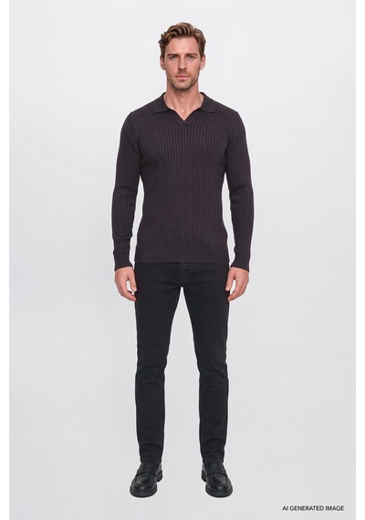 Ac&Co / Altınyıldız Classics Erkek Kahverengı Standart Fit Normal Kesim Polo Yaka Jakarlı Triko Kazak Kahverengi