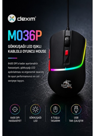 Dexim Dma027 M036p Kablolu Gökkuşağı Led Işıklı 6400 Dpı Gaming Mouse -