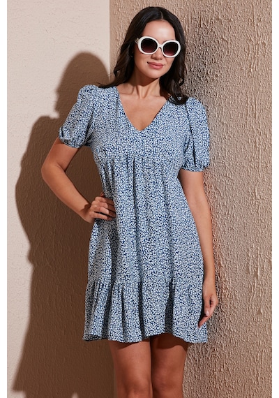 Lela Regular Fit V Yaka Balon Kol Desenli Mini Bayan Elbise 67810045 Indigo