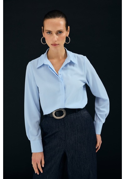 Sateen Klasik Düz Gömlek - Mavi-136996
