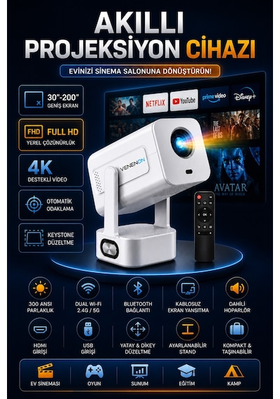 Pro602 Taşınabilir Android Projeksiyon Cihazı Bass Projektör Telefon Ekran Yansıtma Wifi Bluetooth